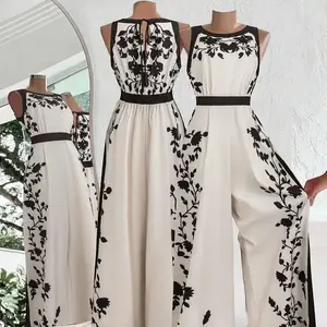 Women’s floral woven tie-front jumpsuit, casual fitted fabric design for summer, breathable jumpsuit suitable for ages 13 and up