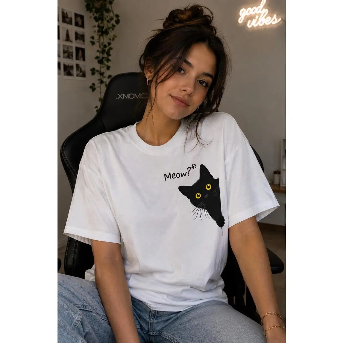 Peeking Black Cat T-Shirt, Minimalist Meow Graphic Tee, Yellow Eyes Cat Lover Apparel