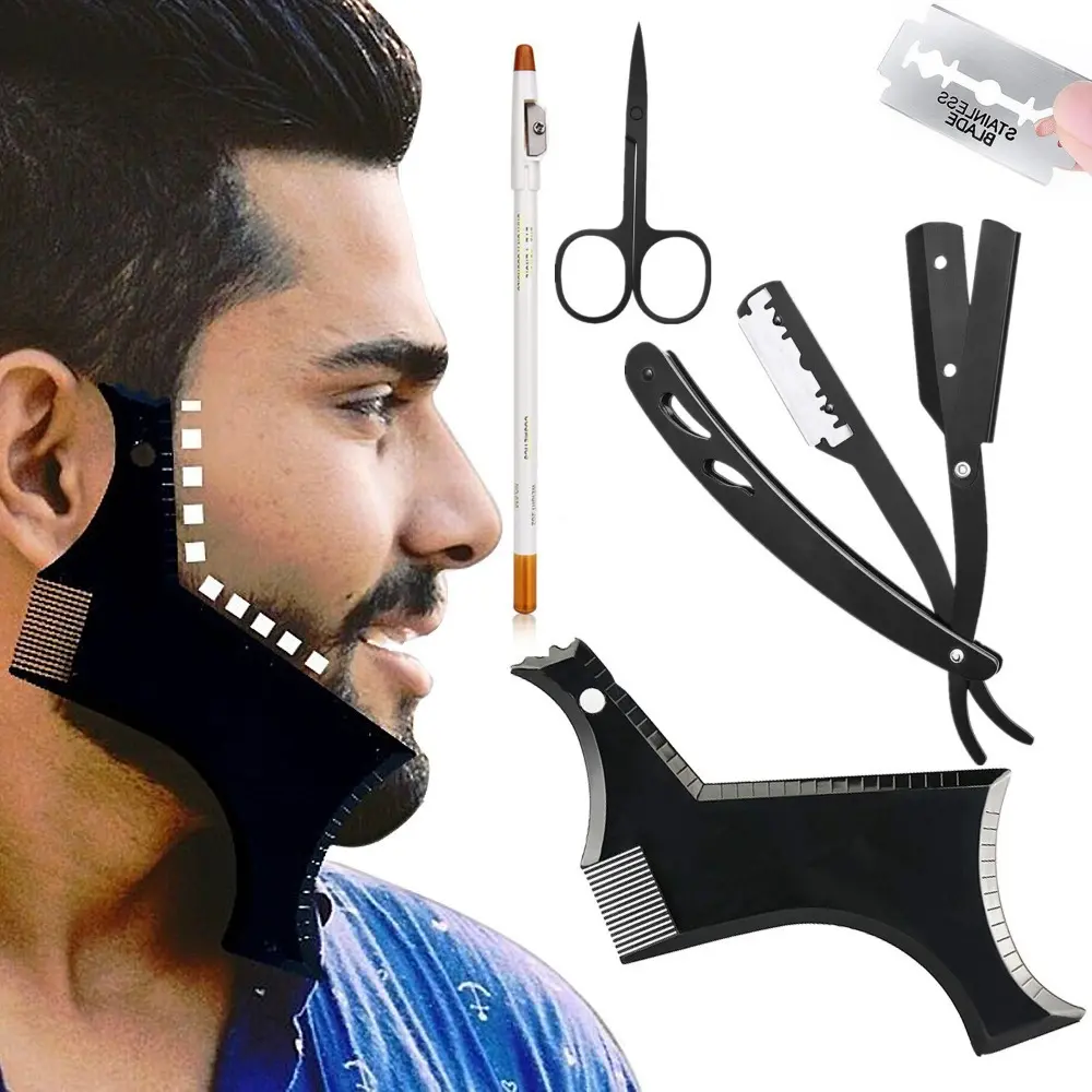 Adults' Unisex Metal Beard Grooming 5-Pack - Barber Haircut Kit (Tools & Hardware) with Guide Template, Professional Straight Edge Razor, 10 Double Edge Blades, Barber Pencil, Stainless Steel Scissors, Beard Grooming Kit