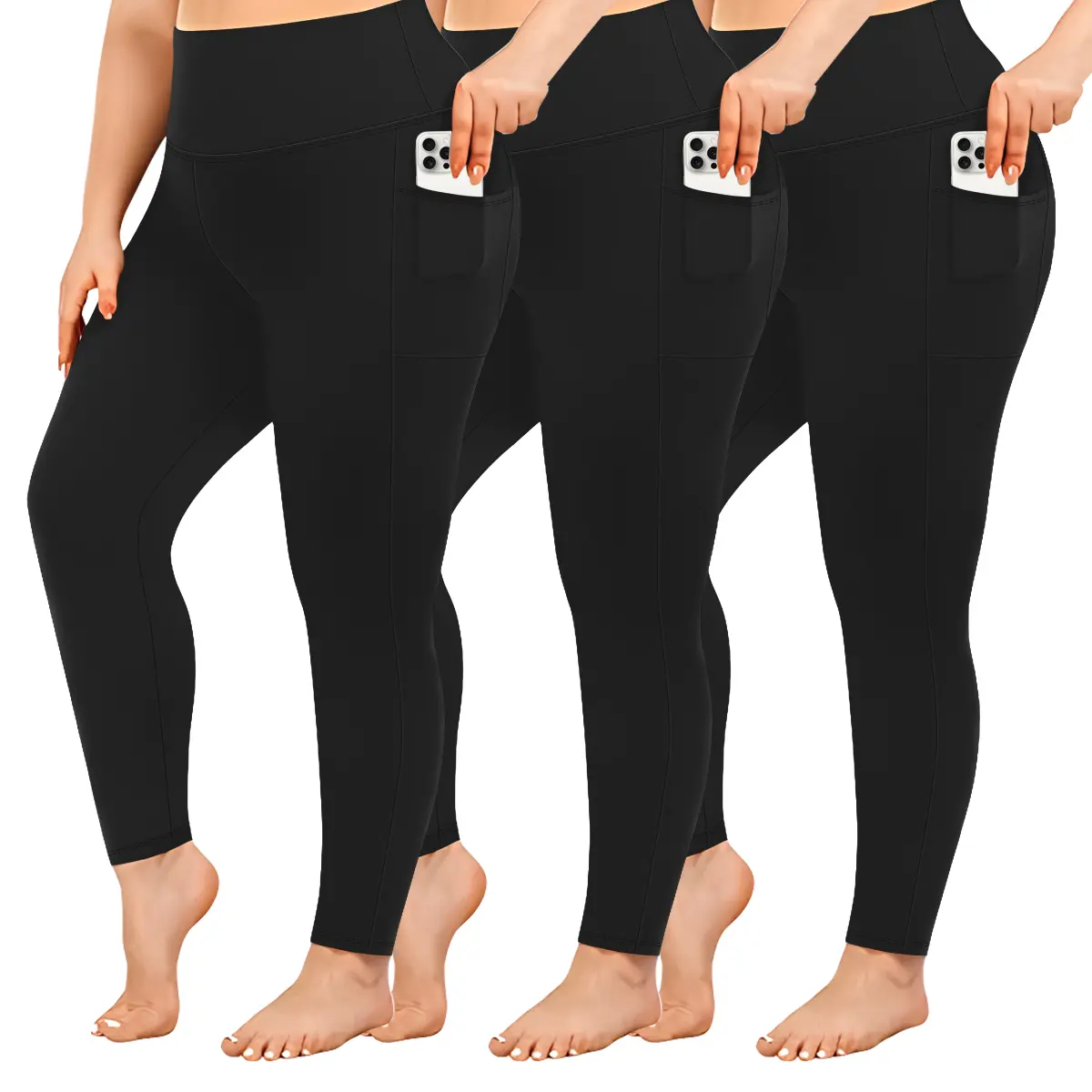 Women's Plus Size High Waisted Leggings with Pockets - 3/5 Pack Athletic Pants, Elastic Waistline Tummy Control, 4-Way Stretch Fabric, 1XL-5XL for Workout Yoga, Plus Size Basics