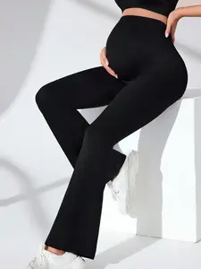 1 Piece Pregnant High Waist Seamless Belly Support Bell Bottom Pants, Soft Elastic Full-Length Maternity Underwear, Pregnancy Bottoms