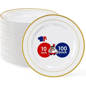 100 count  Plastic Plates, 10 Inch Elegant Disposable Dinner White with  Rim, Disposable Plastic Plates for Christmas, Birthdays and Weddings