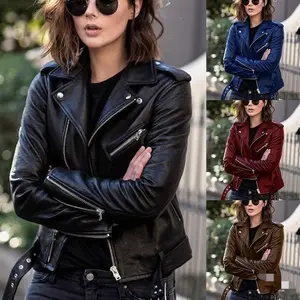 Motorcycle Leather Jacket Spring and Autumn Women's Leather Jacket Women's Short Slim Leather Jacket(Sheets)