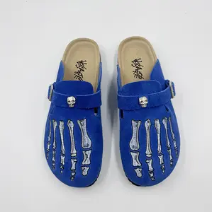 MECKMANLY Men’s Blue Skeleton Leather Mules - Gothic Punk Adjustable Buckle Cork Footbed Cushioned Slip-On Walking Shoes, Daily Wear Outdoor Potato Shoes