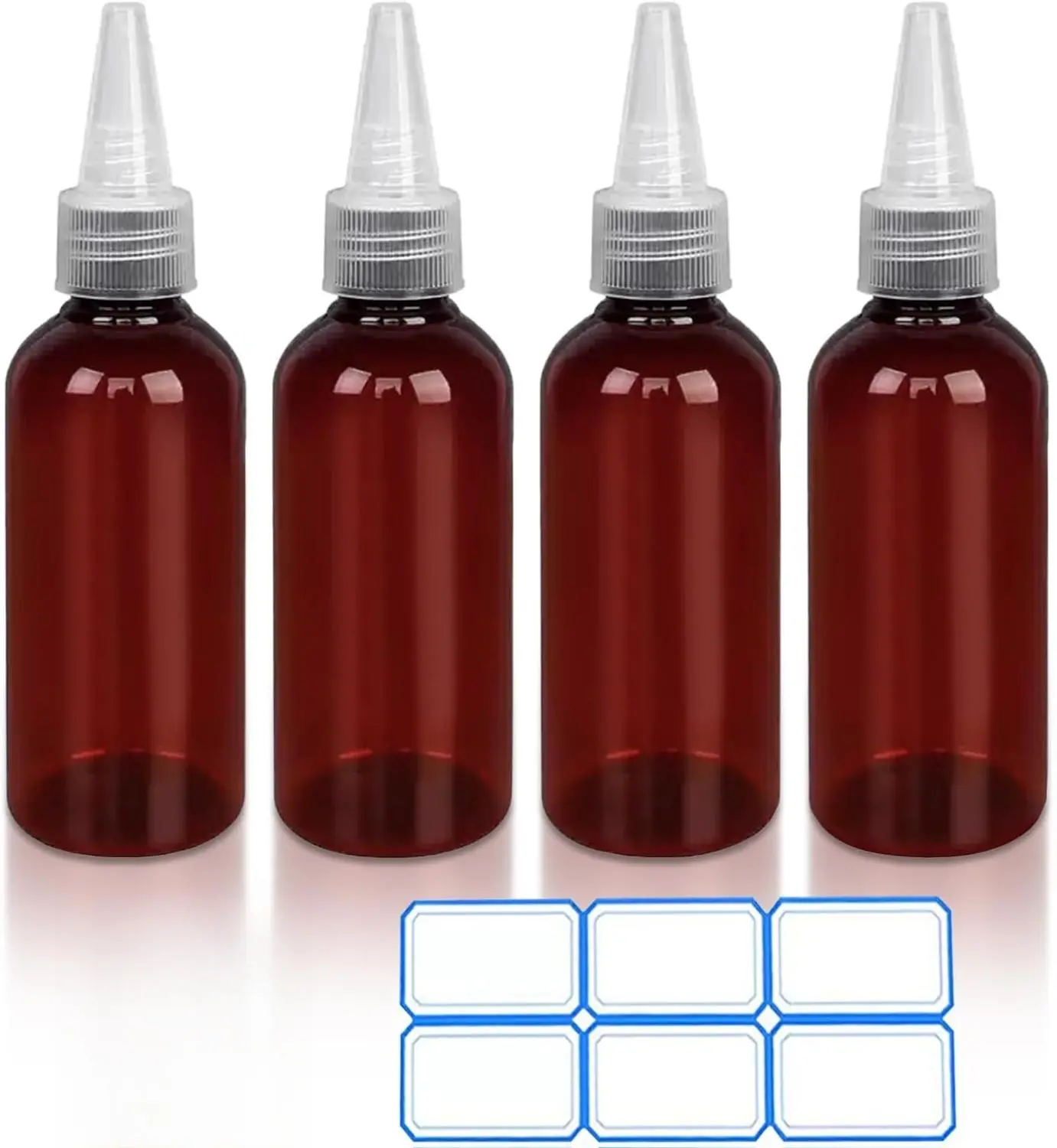 4-Pack Lightweight Compact Amber Plastic Storage Bottles & Jars (1oz/30ml) - Eco-Friendly Bisphenol A-Free Refillable Home Organizer for Essential Oils, Beauty Supplies with Funnel, Labels (No Droppers Needed)