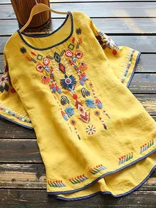 Plus Size Women's Ethnic Style Embroidered Shirt Blouse, Casual Long Sleeve Button Front Top, Fall & Winter Fashion, Comfortable Fit