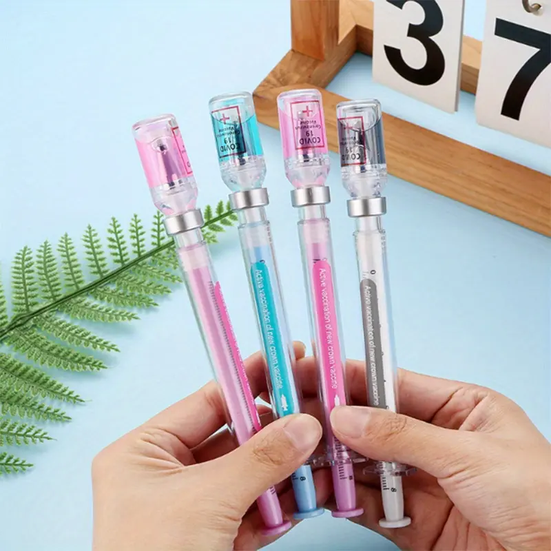 4 pcs, gel pens, novelty pens, Unique Pens, smooth writing pens, novel vaccine shape, needle ball writing pen, quick-drying ink, doctor and nurse gift, decompression syringe design, random colors