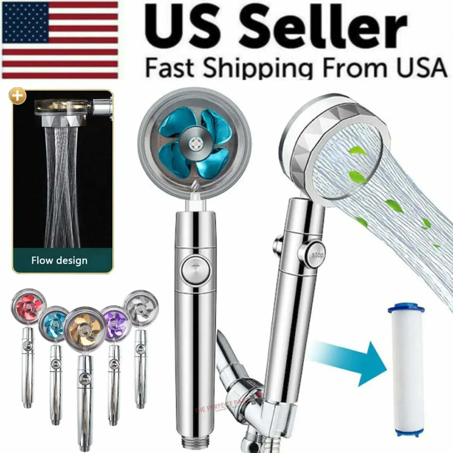 High Pressure Shower Head Adjustable 360 Rotation Turbine Water Saving Shower
