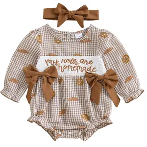 Newborn Baby Girl Thanksgiving Outfit Plaid Croissant My Rolls Are Homemade Embroidered Romper Long Sleeve Onesie Bodysuit Fall Clothes