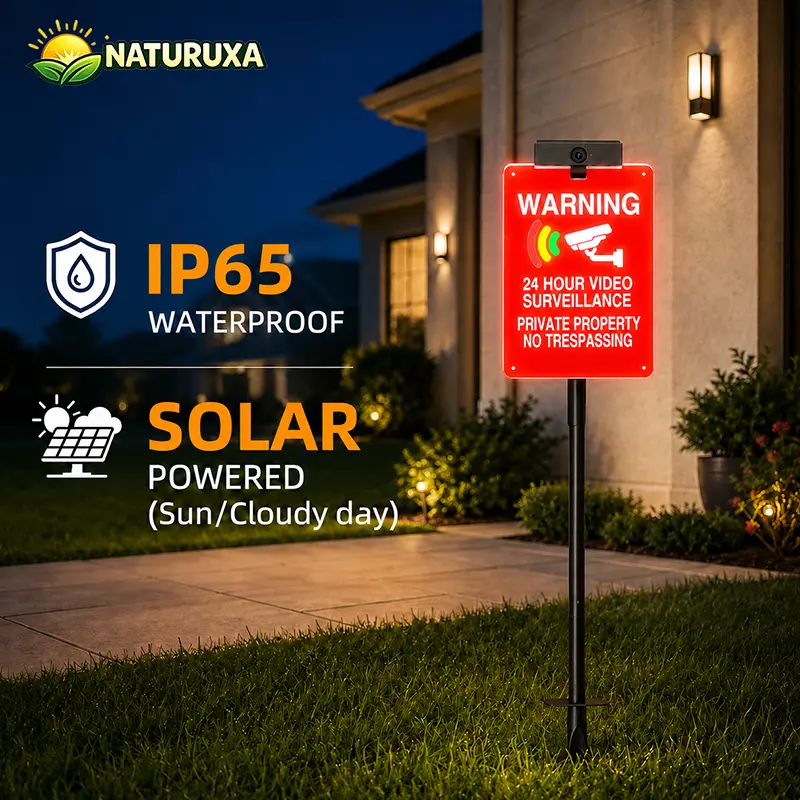 Naturuxa Metal Steel Solar Light Garden Warning Sign with Dummy Camera, Waterproof Rustic Decor, IP65, Ground/Wall-Mounted, Intruder-Deterrent for Ranches, Vacation Homes, Water Proof, Outdoor