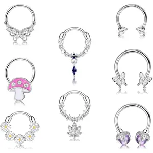 Florideco Summer 8Pcs Nose Rings Hoops for Women, 316L Surgical Steel Septum Clicker Rings Hinged CZ Silver Nose Ring Hoop 16G Eyebrow Lip Cartilage Tragus Rook Helix Conch Daith Piercing Jewelry 8mm/10mm