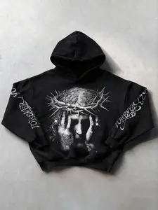 Men's Hooded Sweatshirt, Short Box Fit, Simple Basic Design, Dual-Layer Cap, Jesus Pattern, Casual All-Season Wear, Unisex Valentine Gift, Gothic Style Hoodie, Dark Romance Hoodie