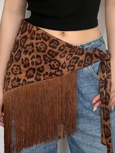 Women's Leopard Print Fringe Trim Tie Side Fanny Pack, Boho Style Bohemian Fashionable Fanny Pack for Daily Used, Casual Trendy Versatile High-quality Daily Commuting Bag, Bum Bag
