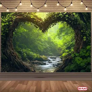 1pc Heart-Shaped Tree Frame Backdrop with Serene Stream & Lush Greenery - Durable Polyester Wedding & Party Background Banner for Romantic Events, Birthdays, Photo Shoots - No Electricity Needed