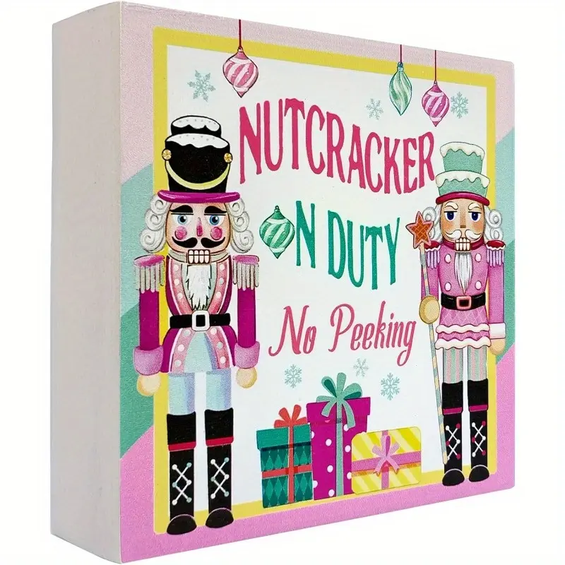 Christmas Nutcracker on Duty Wooden Box Sign Decor, Pink Xmas Holiday Gifts Decorative Square Wood Sign, Funny Winter Farmhouse Rustic Tiered Tray Shelf Table Desk Home Decorations 5 x 5 Inch