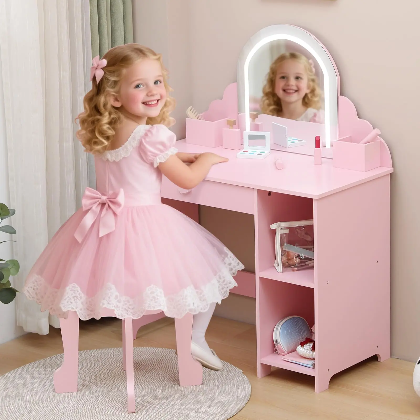 Gaomon Kids LED Makeup Vanity Set - Vanity Desk Furniture with Lighted Mirror, Adjustable LED Lights, Stool, Storage Table for Ages 3-9 (Toys & Hobbies, Sports & Outdoor Play, Ride-on Toys)