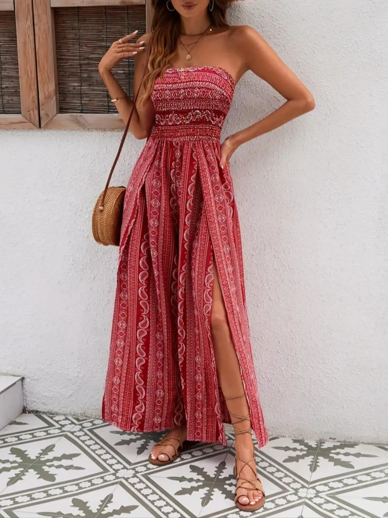 Women's All Over Print Shirred Split Thigh Tube Jumpsuits, Boho Chic Bohemian Strapless Sleeveless Wide Leg Jumpsuit for Beach Holiday Vacation, Ladies Summer Clothes, Casual Jumpsuits