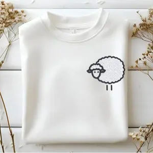 Embroidered Cute Sheep Sweatshirt Cozy Sweater Simple And Adorable Design Ideal Gift For Animal Lovers And Farm Fans Embroidery Crewneck Fabric