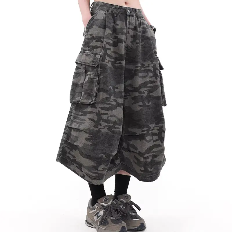 Men's Vintage Distressed High-Waist Baggy Denim Cargo Pant - Menswear Male Clothing Clothes, Cotton-Polyester Blend, Multiple Pockets, Button, Washed, Oversized, Foldable, Below Knee Streetwear, Baggy Pants