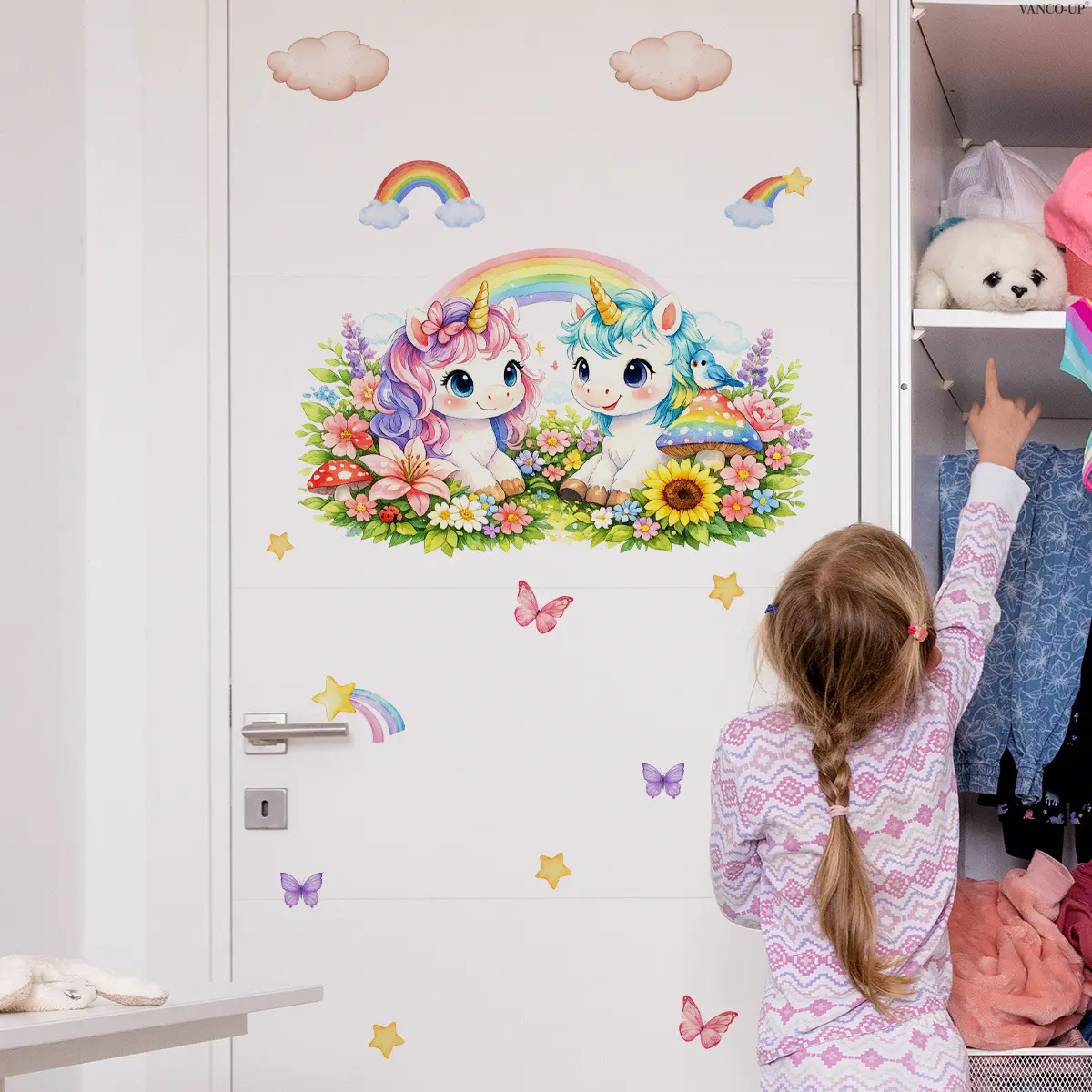 1Pc (30*60cm) Macaron Dreamy Unicorn Wall Sticker, Rainbow Butterfly Wall Decals for Kids Bedroom Decorations Living Room Decor