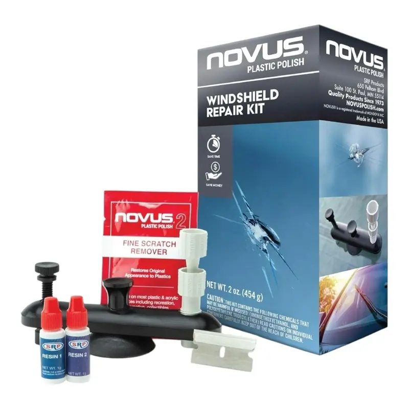 Novus DIY Windshield Repair Kit for Car Owners - Auto Glass Stone Chip & Crack Fixes, SRP Resin, Curing Film, Razor Blade, Cut & Polish Compound, Restores Clarity for Professional-Grade Car Cleaning Detailing