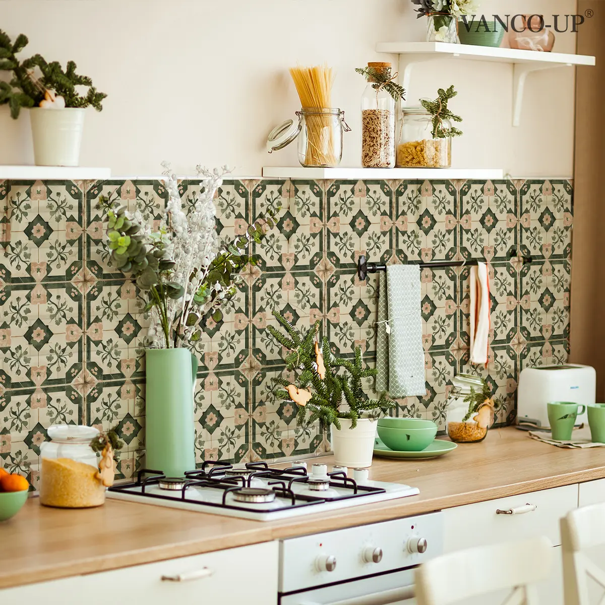 A set of 12 2D classical color flower vine pattern retro symmetrical flower brick wall stickers, suitable for kitchen and bathroom, wall sticker, decorative wallpaper, wall tile sticker ACZ20077