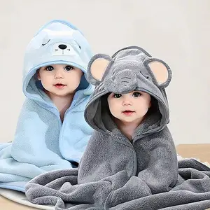 Baby Bath Towel Set, Neutral Animal Pattern Hooded Baby Wrap, Soft Coral Fleece Cartoon Bath Supplies, All Seasons Use