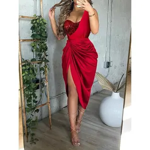 2025 New Solid Color Slit Long Skirt Ruched One Shoulder Elegant Dress for Women Evening Formal Wear