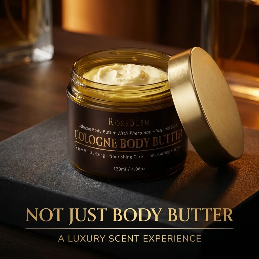 Roseblem Men Fragrance Body Butter – Luxury Second Date Scented Body Butter For Men Long-Lasting Masculine Scent & Shea Butter Hydration – Fresh Woody Fragrance with Bergamot, Amberwood & Musk – Daily Moisturizing Cream – 4.06oz