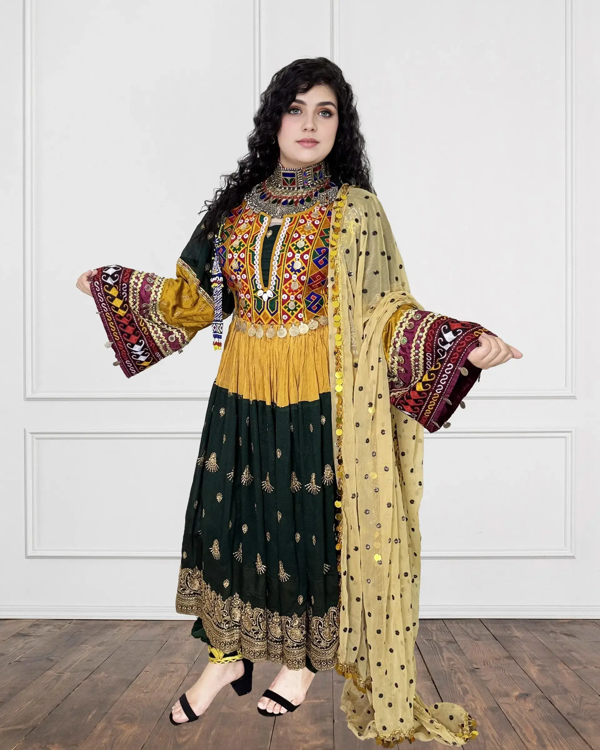 Women's Colorful Embroidered Afghan Kochi Formal Dress - 1-Piece, Soft Included Scarf, Waist Tie, Premium Fabrics, Elegant, Ideal for Party & Special Occasions