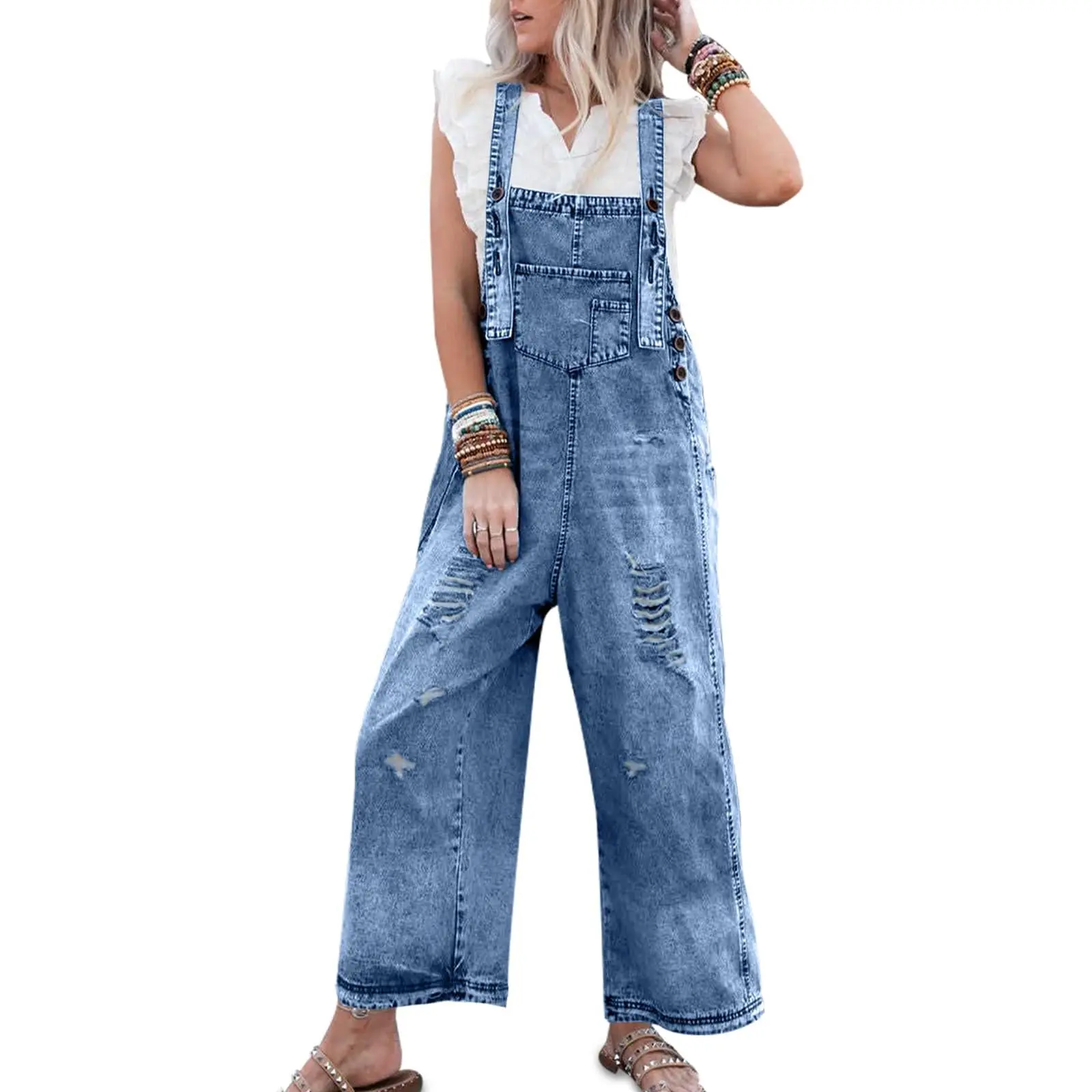 Imily Bela Women's Denim Overalls Casual Jumpsuits Loose Fit Adjustable Strap Distressed Bib Jeans Overall Jumpsuits