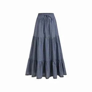 Cider Mid Rise Plaid Lace Trim Drawstring Tiered Maxi Skirt