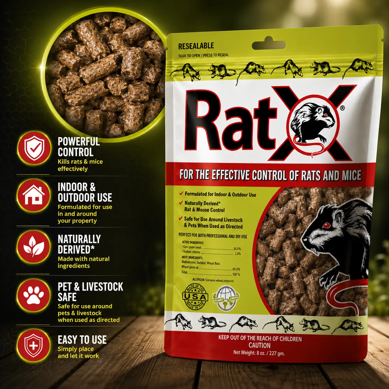 EcoClear RatX All-Natural Rat & Mouse Killer, 8oz Pellets, Humane & Non-Toxic Rodent Control for Home
