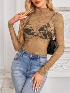 Women's Mesh Long Sleeve Tops Floral Sheer See Through Sexy Cozy Mock Neck Shirts for Party Club Night Blouses Casual Womenswear Elegance Fashion