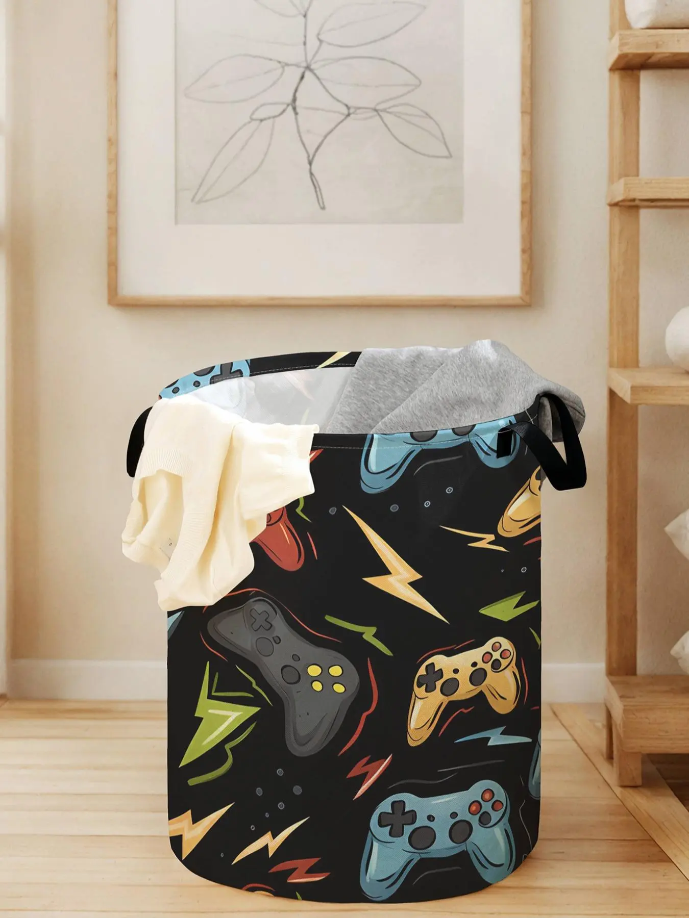 Gaming Console Print Laundry Basket with Handles, Durable Fabric Large Capacity Storage Bin for Toys and Clothes, Foldable Household Organizer, Laundry Hamper