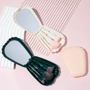 Portable Mini Shell Makeup Brush Set with Mirror, Includes 5 Brushes, Foundation Brush, Eyeshadow Brush, Travel Set, Shell Storage Box