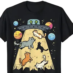 Vintage Cartoon UFO Cat Abduction Graphic Cotton T-Shirt for Men, Valentine's Day Gift for Him, Cute Oversized Comfort Fashion Outfi