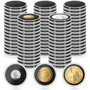60 Pcs Silver Dollar Coin Holders - Clear Round Plastic Coin Cases with Adjustable Sponge Gasket (17-40mm) - Coin Protectors for Collectors, Rare Coins, Black