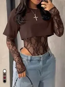 Women's Sexy Lace Romper, Fitted Long Sleeve Leotard Top, All over Print Design, Perfect for Spring & Fall Fashion