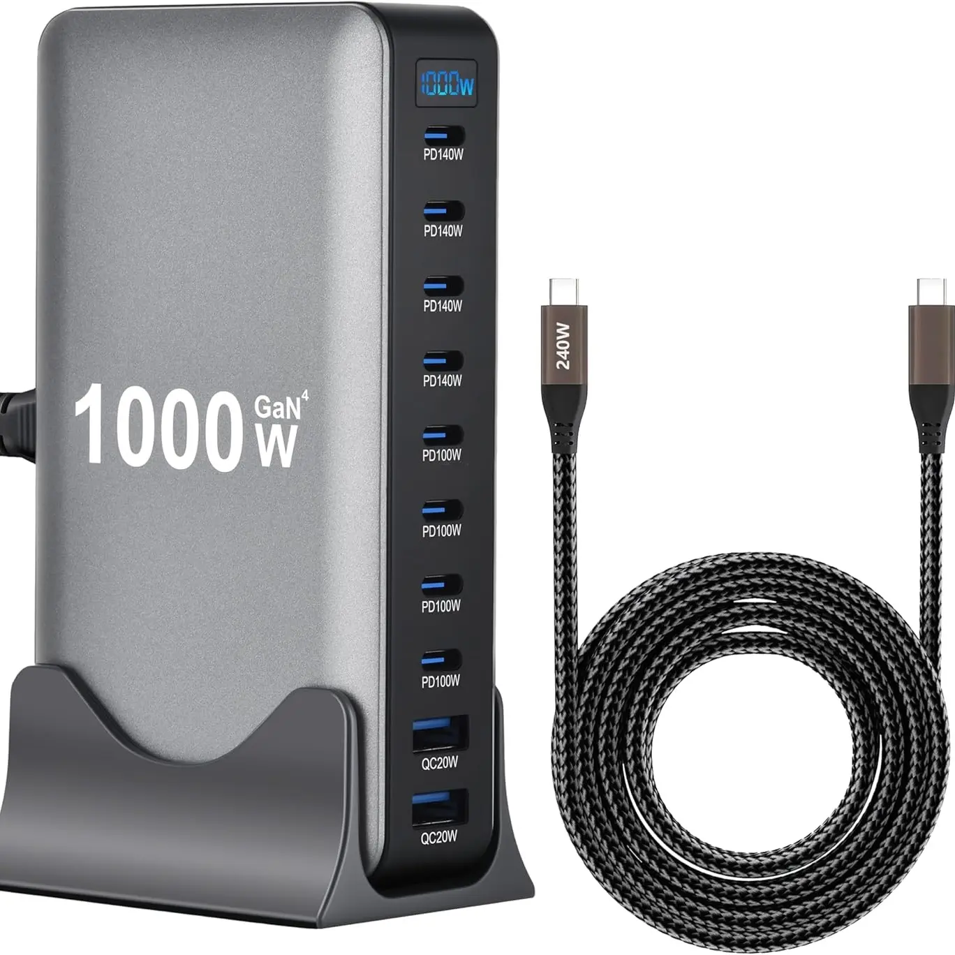 1000W 10-in-1 Multi-Device Power Hub Station Adapter with 8 PD, 2 QC Ports for Phones, Tablets, Gaming Consoles, Pd+Qc Ports