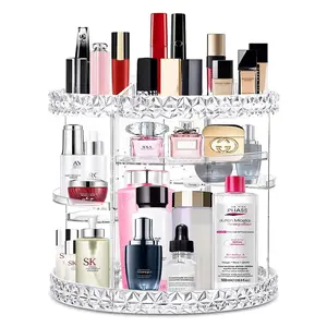 V-HANVER 360 Rotating Makeup Organizer Perfume Organizer Clear Cosmetic Storage Display Case Large Capacity Acrylic Beauty Holder Adjustable Partition Height for Bedroom Dresser or Bathroom Vanity FHC