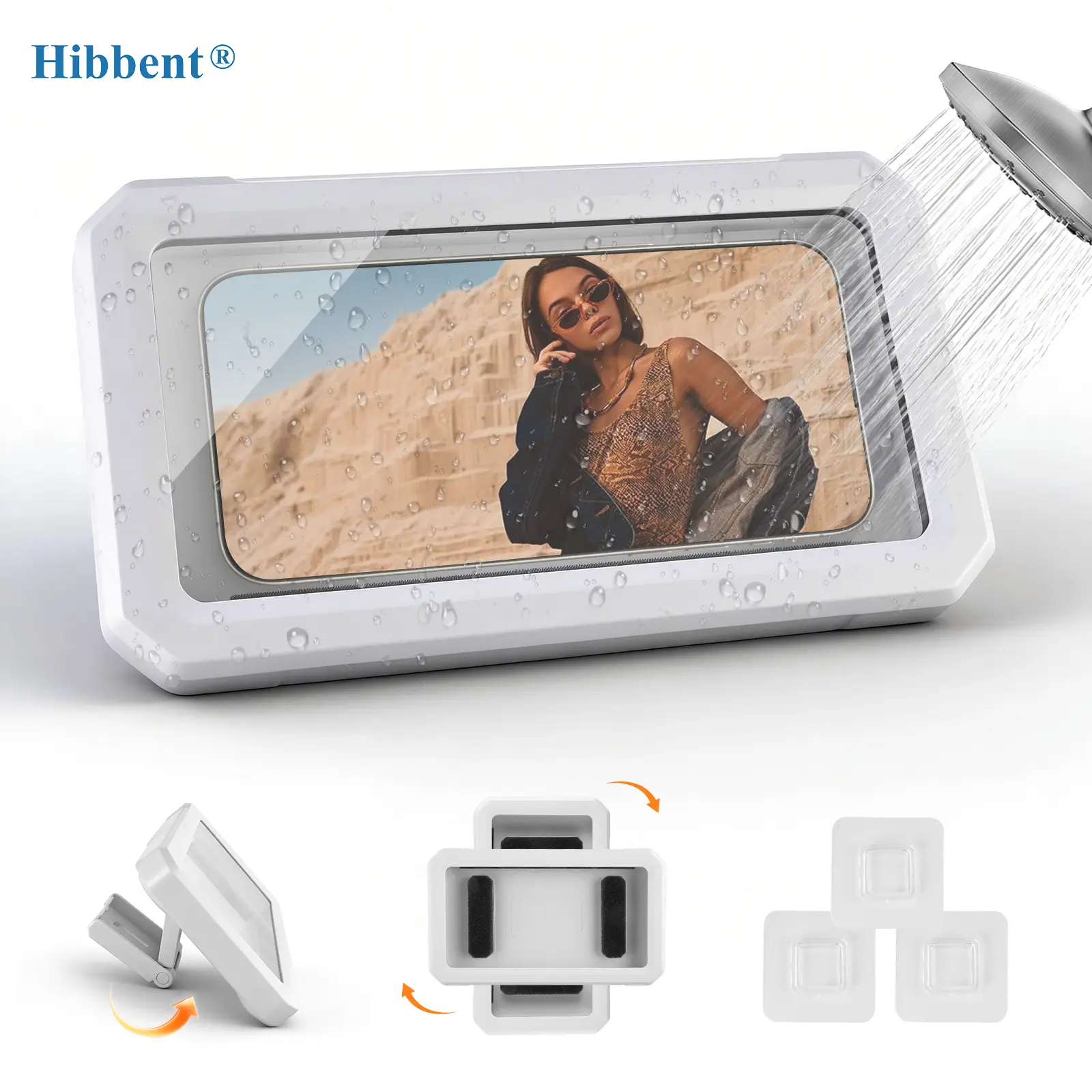 Hibbent Waterproof IPX6 Rated Shower Smartphone Holder - 480° Rotatable, Retractable, Adjustable Bathroom Wall Mount Stand with Drill-Free Hooks for Simple Setup, Touch-Smooth Front, Face ID Friendly Accessories for 4-7" Cellphones, Free Delivery, Iphone