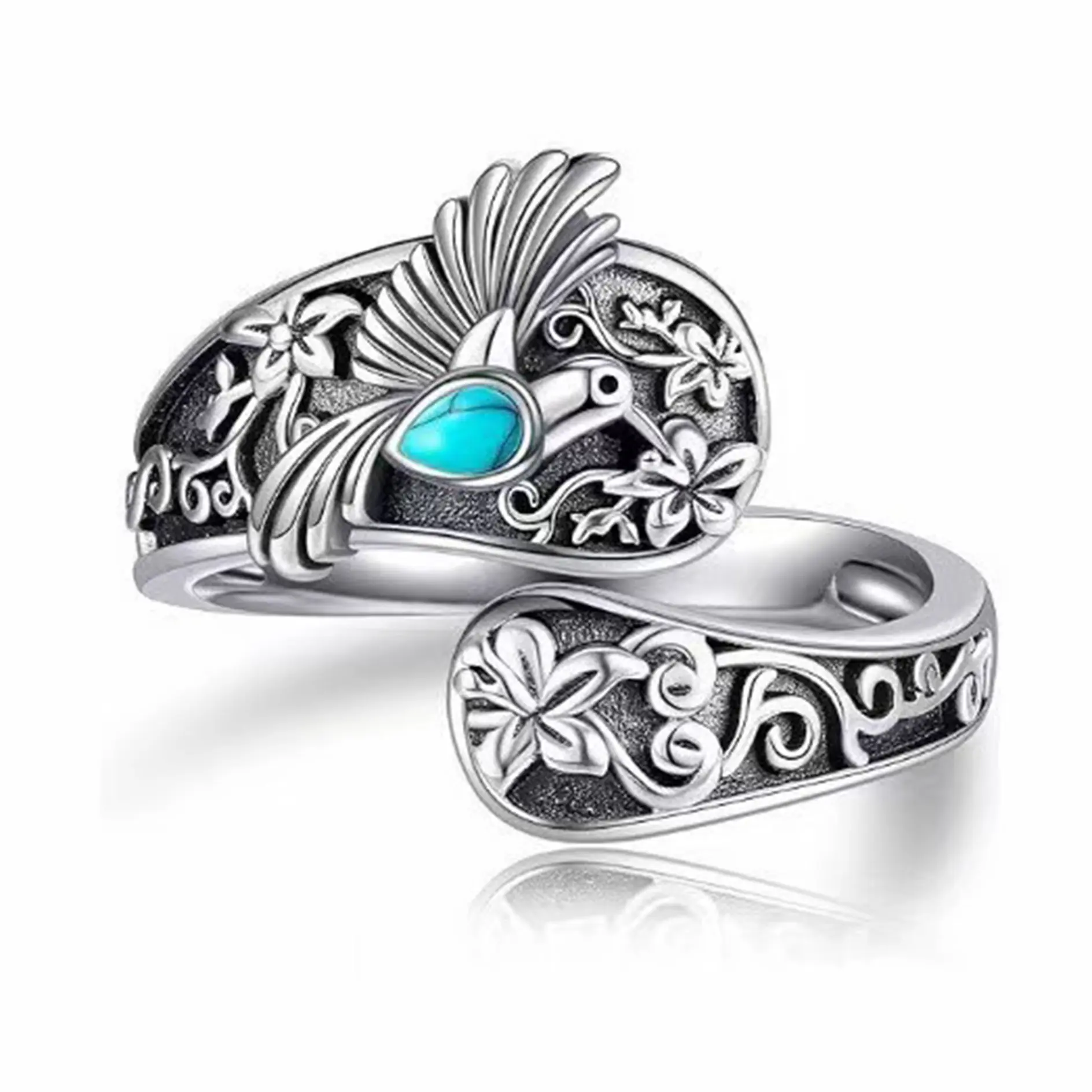 Turquoise Hummingbird Vintage spoon Ring for Women, Adjustable Sterling Silver Open Wrap Spoon Ring, animal series Victorian Bohemian Antique Flower Statement Jewelry Gift