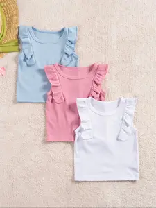 Toddler Girl's Solid Ruffle Trim Tee, Cute Casual Short Sleeve T-shirt for Summer, Kids Clothes for Daily Wear, Round Neck Top, Girly Tops, Toddler Shirts