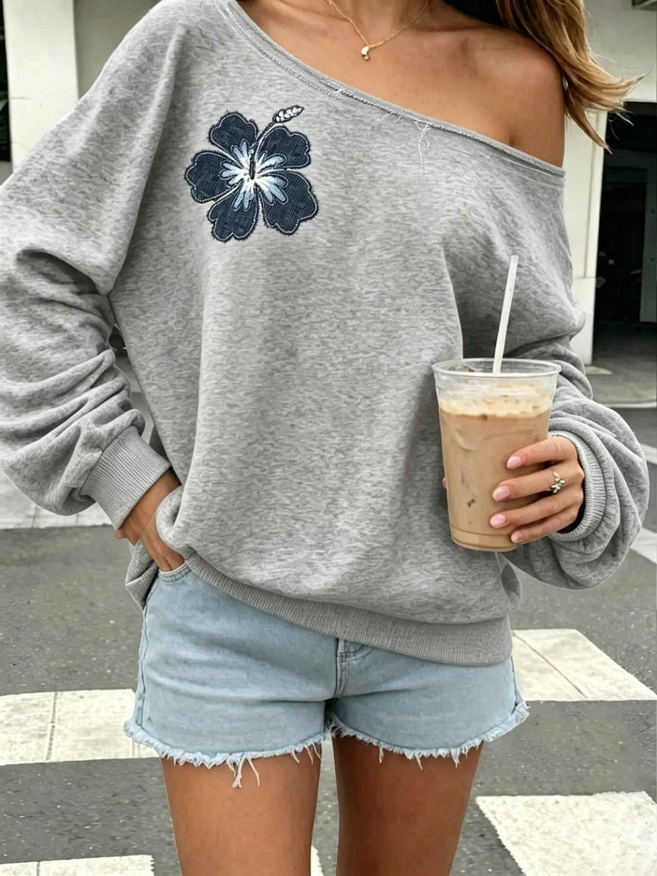 Trendy Chic Women's Loose, Off-Shoulder Long Sleeve Beach Sweatshirt with Floral Accents — Casual Coastal Street Style, Comfortable Top for Everyday Wear & Going Out