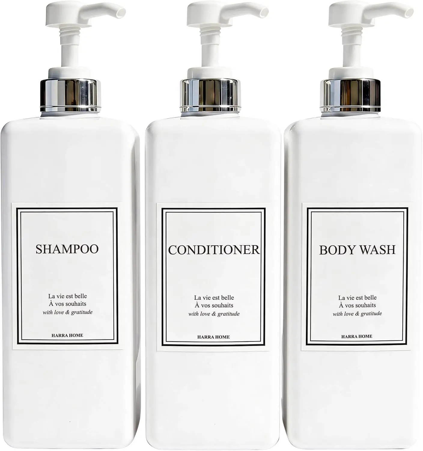 Modern Gold Design Pump Bottle Set 27 oz Refillable Shampoo and Conditioner Dispenser Empty Shower Plastic Bottles with Pump for Bathroom Lotion Body wash, Pack of 3 (White & Silver)