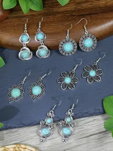 5 pairs Women's Silver Color Earrings Set, Zinc Alloy Turquoise Inlay, Vintage Ethnic Style Jewelry for Daily Wear & Work