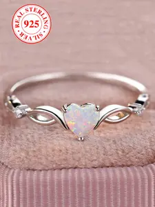 S925 Sterling Silver Fashion Colorful Heart Shaped Decor Ring, Promise Engagement Rings, Elegant Artificial Opal Decorated Ring for Women & Girls, Perfect Holiday Anniversary Birthday Gift, Valentine's Day Gift