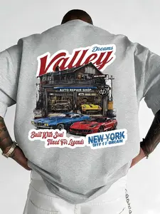 Men's Round Neck Sweatshirt, Muscle Car Graphic Print, New York Dream City Design, Vintage Street Style Long Fitted Casual Top