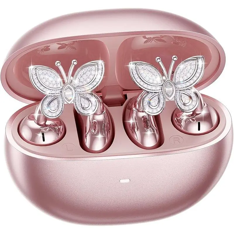 High Quality Headphones - Jewelry-Inspired Clip-On Bluetooth 5.4 Open Ear Audio Earbuds with Butterfly Earrings, Waterproof Electronic Protection, 50H Playtime, Comfortable Fit for Women with Small Ears, Sports